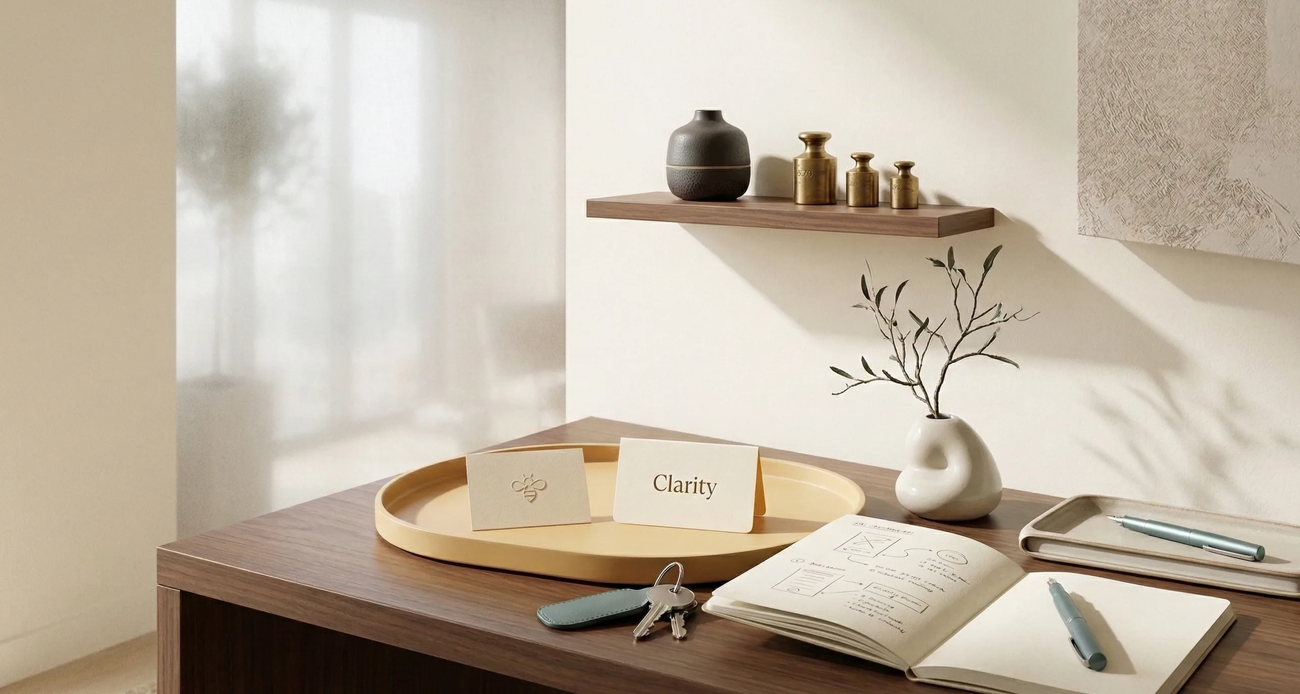 A modern Buzzy brand vignette with notebook, keys, and subtle product cues